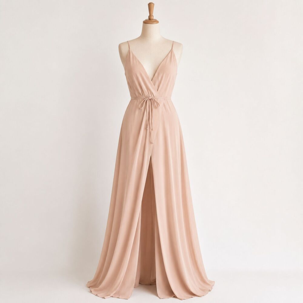 Reformation Nude Beige Wrap Maxi Dress Size 6 Deep V Neck Viscose - Picture 4 of 8